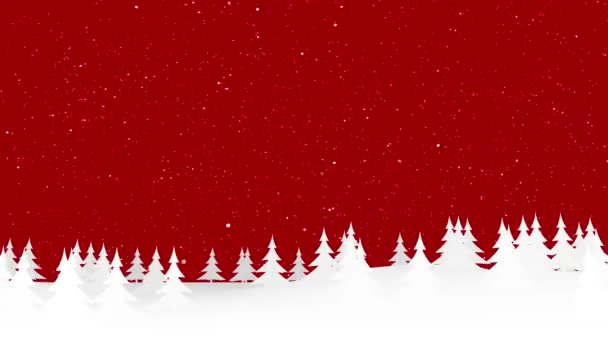 Fondo de navidad animado con bucles de paisaje de pinos con partículas de nieve doradas sobre fondo rojo  - Imágenes, Vídeo