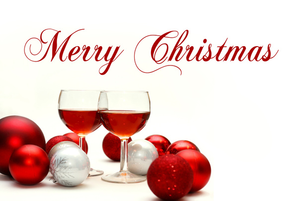 czerwone wino i Boże Narodzenie ozdoby z Wesołych Świąt tex - Zdjęcie, obraz