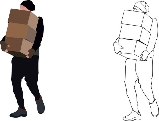 boy delivery purchases in boxes - Vector, Image