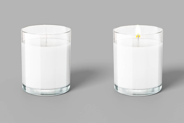Blank scented Candle with glass jar mockup template isolated over background. Aromatic wax round spa candle with burning flame light.  Realistic candlelight element design. 3d rendering. - Photo, Image