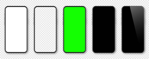 空白のタッチスクリーンと緑のクロマキーの背景を持つ現実的なスマートフォン。フロントビューでフレームのない携帯電話。高品質の詳細なデバイスのモックアップ。画面背景テンプレート。ベクターイラスト. - ベクター画像