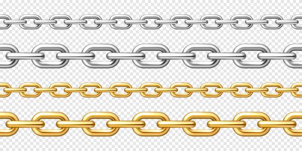 Realistic seamless golden and silver chains on checkered background. Metal chain with shiny gold plated links. Vector illustration. - Vector, Image