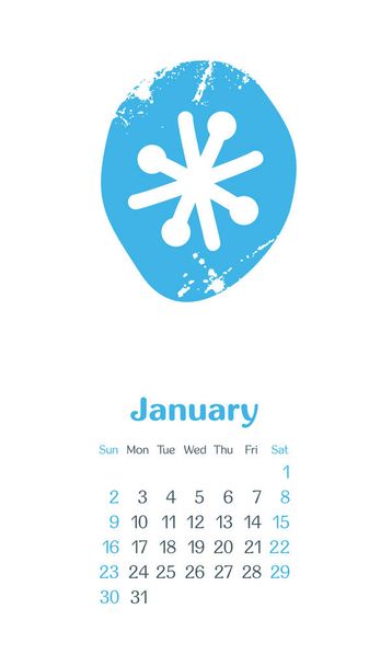 Kalenteri 2022 kuukautta tammikuu. Viikko alkaa sunnuntaina. Käsin piirretty lumihiutaleella, eps 10 - Vektori, kuva