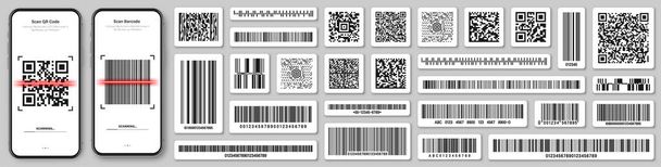 製品バーコードおよびQRコード。スマートフォンアプリスキャナーアプリ。識別追跡コード。シリアル番号、製品IDとデジタル情報。店、スーパーマーケットスキャンラベル、ベクトル価格タグ. - ベクター画像