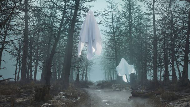 3d render of a daytime scary forest with flying ghosts - Photo, Image