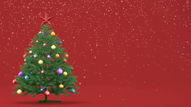 Animasyon sahte Noel ağacı oyuncaklarla kırmızı arka planda duruyor. Kar yağıyor. Mesaj için yer var. Canlandırmanın 3B canlandırması. - Video, Çekim