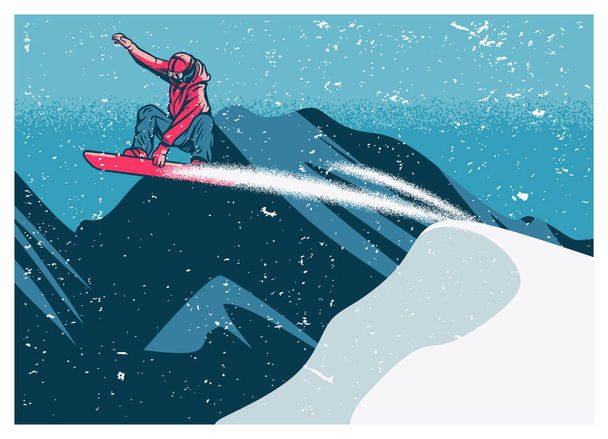 Kar üzerinde uçan snowboardcu dağ arka planında klasik poster şablonuyla - Vektör, Görsel