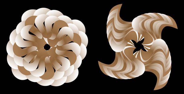Flores abstractas de papel o abanicos, rayados, redondos y ondulados, sobre un fondo negro. Conjunto de elementos abstractos de diseño gráfico fractal. 3d. Ilustración vectorial. - Vector, imagen