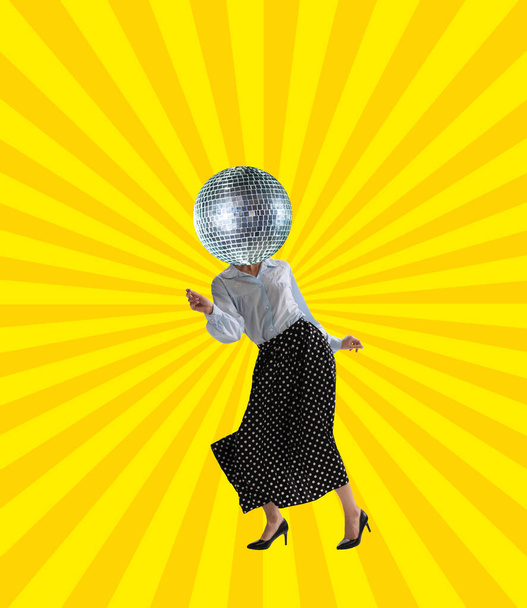 Contemporary art collage of dancing woman with disco ball head isolated over yellow background - Photo, Image