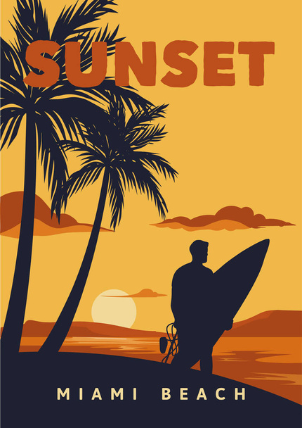 Sunset Miami Beach poster illüstrasyonları klasik sörf stili - Vektör, Görsel