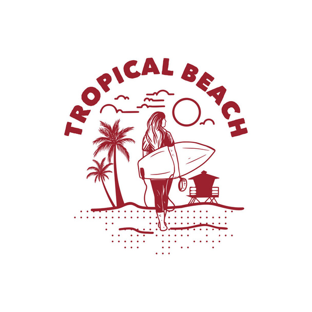 spiaggia tropicale illustrazione t shirt design donna surfista poster vintage retro
 - Vettoriali, immagini