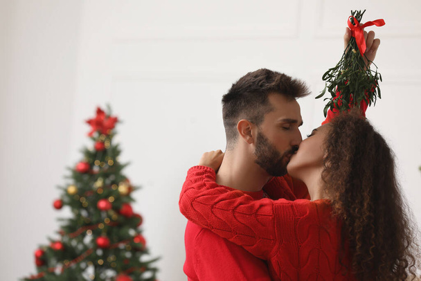 Happy couple kissing under mistletoe bunch in room decorated for Christmas - Photo, image