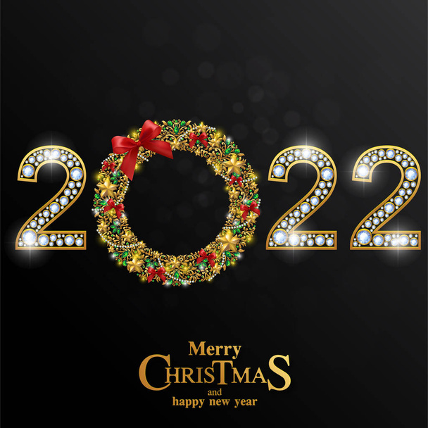 Merry Christmas and happy new year 2022 with gold patterned and crystals on paper color. - Vector, Image