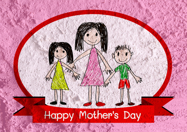 Happy mothers day card with family cartoons in illustration on w - Zdjęcie, obraz