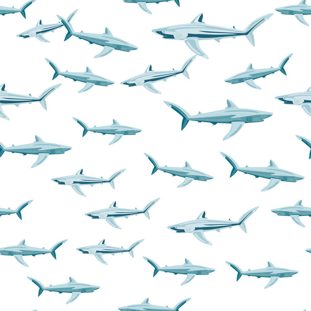 Naadloos patroon Blauwe haai geïsoleerd op witte achtergrond. Lichtgrijze textuur van zeevissen voor elk doel. Willekeurige sjabloon voor textiel ontwerp. Eenvoudige vector ornament. - Vector, afbeelding