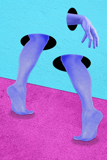 Collage with humans legs and palms in a surreal style. Modern creative concept image with foots and hands. Zine culture. Contemporary art poster. Surrealism design. Funky minimalism. Leg out of wall. - Valokuva, kuva