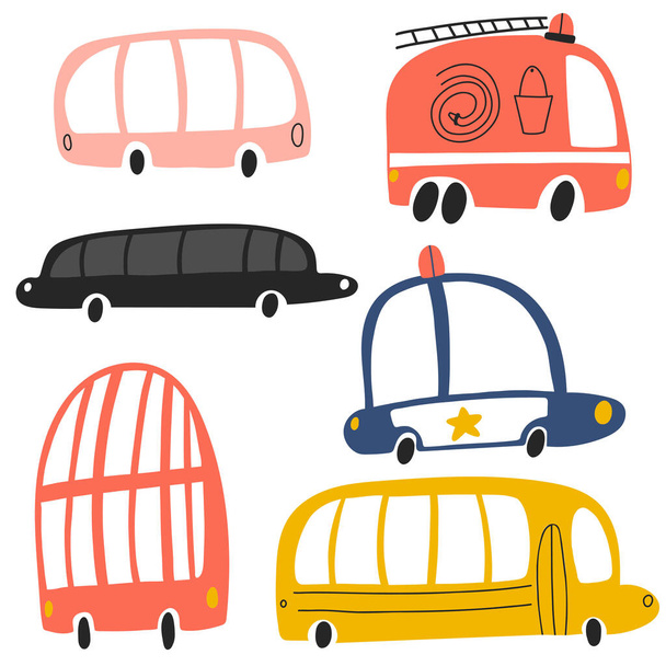 Vector illustration of passenger bus, engine truck, police car, school bus, limousine, double-decker isolated on white background in flat cartoon hand drawn style. Childish transport icon for nursery - Vettoriali, immagini