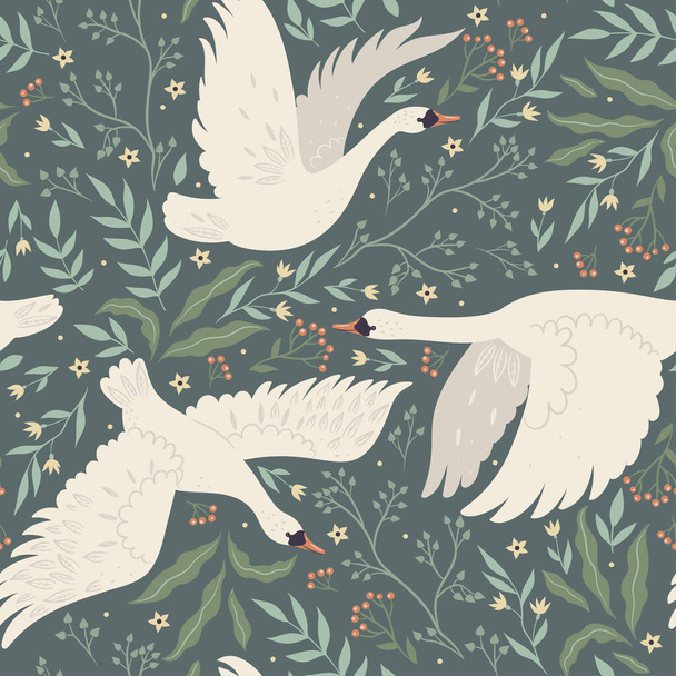 Бесшовный рисунок с лебедями и растениями. Векторное изображение. - Вектор,изображение