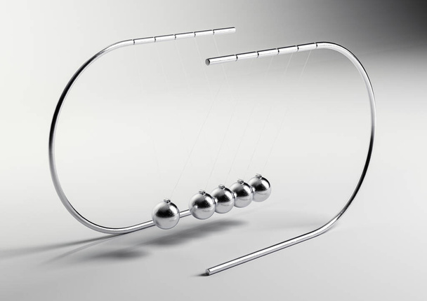Eine stilisierte Newton-Wiege mit beweglichen Kugeln, die an einem halbrunden Bogengerüst aufgehängt sind - 3D-Render  - Foto, Bild