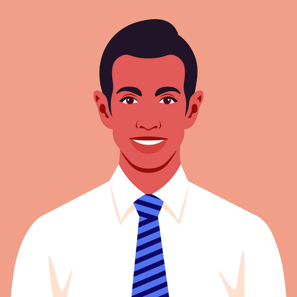 Portrait d'un heureux latino-américain avec cravate. Avatar de rire homme d'affaires pour les médias sociaux. Illustration vectorielle en style plat. - Vecteur, image