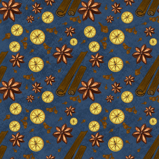 illustration pattern seamless spices cinnamon cloves star anise lemon - Photo, Image