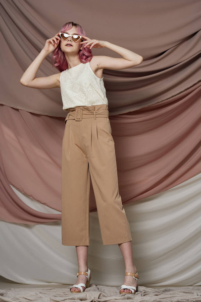 hipster woman pink hair posing fashion clothes isolated background - Valokuva, kuva