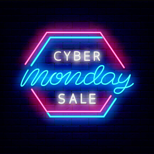 Cyber monday sale neon sign. Luminous emblem with frame. Outer glowing effect logo. Shiny label. Editable stroke. Isolated vector stock illustration - Διάνυσμα, εικόνα