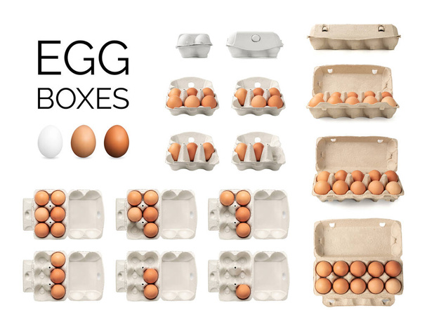 Grande set di scatole di uova con uova marroni isolate. Uova di pollo biologiche fresche in confezioni di cartone, contenitori su sfondo bianco - Foto, immagini