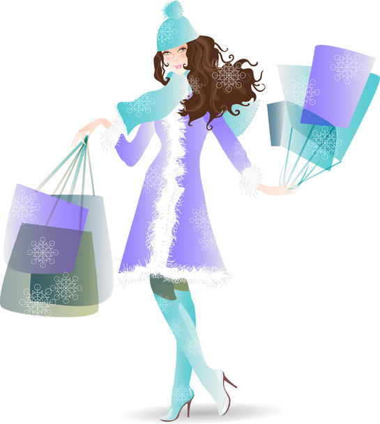 Shopping Day girl in  winter - Vector, imagen
