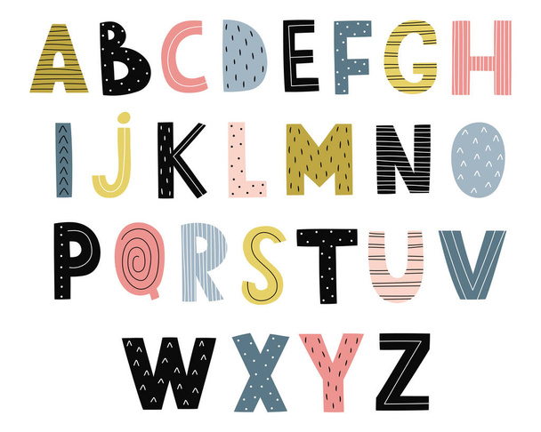 Hand drawn cute alphabet for kids. Bright multicolored letters. Perfect for education, design of postcards, posters, children's room. Vector illustration - Vetor, Imagem