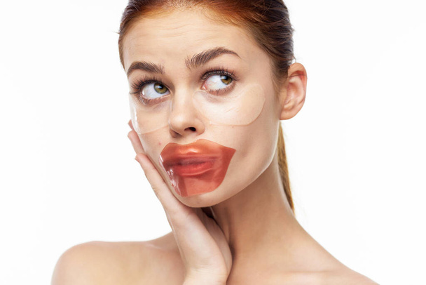 Emotional Woman Bare Shoulders Facial Patches Skin Care Collagen - Foto, Imagen