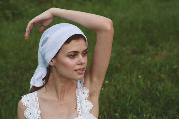 woman with white headband countryside nature garden agriculture - Φωτογραφία, εικόνα