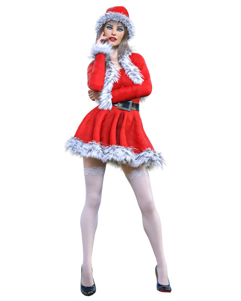 Young beautiful Santa girl.Short red warm festive dress fur.Long hair.Bright make up.Conceptual fashion art.3D render isolate illustration.Christmas, New Year. - Фото, изображение