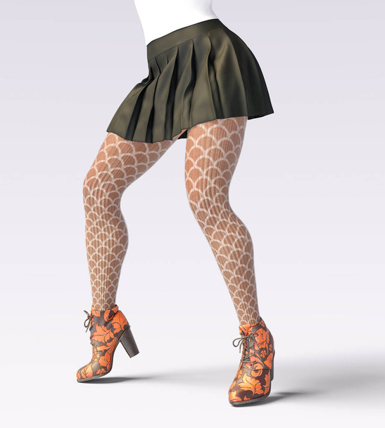 Beautiful female legs woolen leggings and half-beads. Sexy slim female legs boots. Autumn-Spring Collection. Seductive pose. Conceptual fashion art. 3D render illustration - 写真・画像