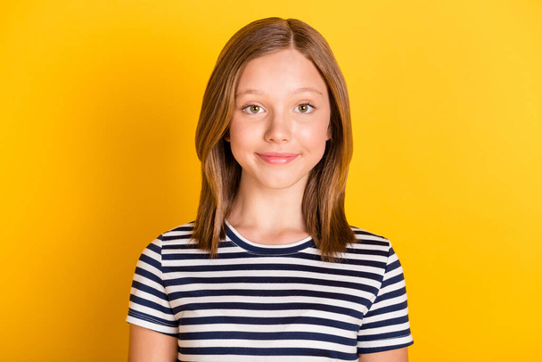 Photo of satisfied school person smile look camera wear striped outfit isolated on yellow color background - Fotó, kép