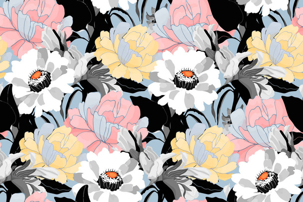 Vector floral seamless background. A pattern of multi-colored flowers with black and blue leaves.  - Διάνυσμα, εικόνα