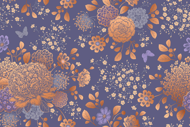 Vintage seamless pattern. Floral background. Garden flowers and butterflies. Gold foil print. Victorian style. Textiles, paper, wallpaper decoration. Ornamental cover. Vector. - Vektör, Görsel