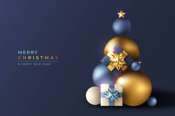 ρεαλιστική 3d φόντο Χριστούγεννα με μπλε και χρυσά στολίδια - Διάνυσμα, εικόνα
