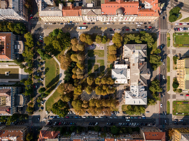 A Drone shot of a beautiful city Zagreb, in Croatia with red roof buildings - Fotoğraf, Görsel