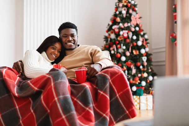 Portrait of happy black family watching tv on computer - 写真・画像