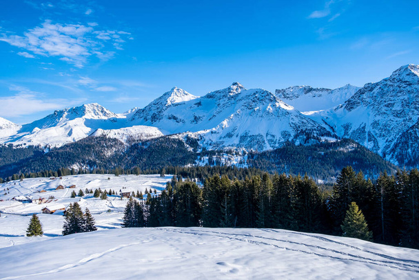 Зимовий вид сніжних гір і лісів з синім небом на задньому плані, Ароза, Швейцарія. - Фото, зображення