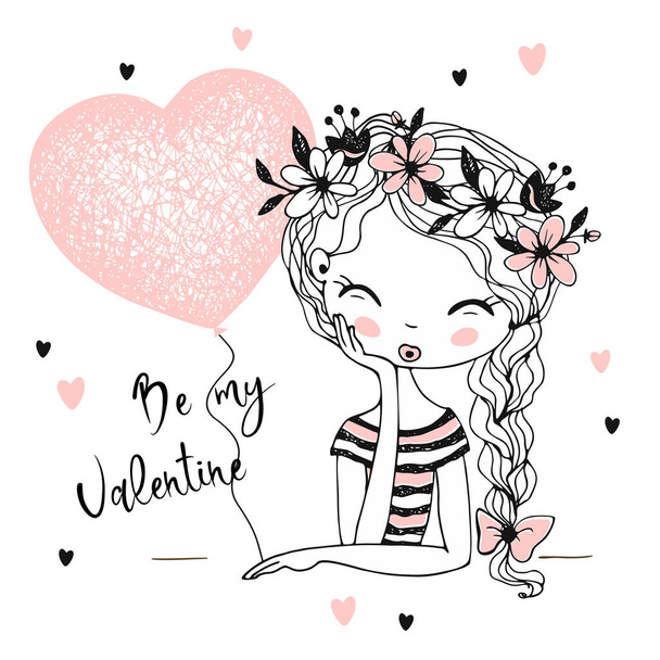 A Valentine card. Cute girl with a balloon heart. Be my Valentine. Vector. - Vector, Image