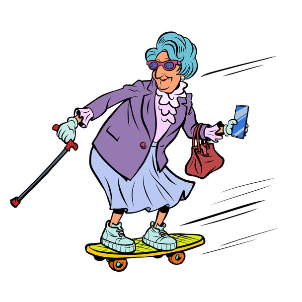 grandma rides a skateboard, active recreation of the elderly. Street sports - Вектор,изображение