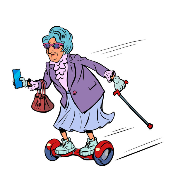grandma rides a gyro scooter, active recreation of the elderly. Street sports - Vektor, Bild