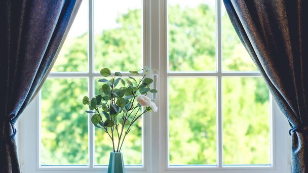 Flowers in vase on windowsill. Close-up. Cozy apartment. - Photo, Image