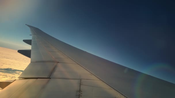 Vliegtuig vleugel vliegen over wolken in de ochtend gefilmd vanuit het raam - Video