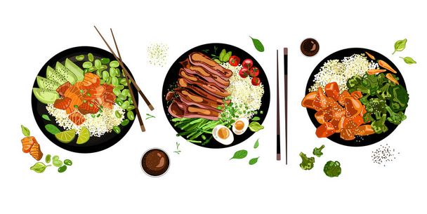 Векторные иллюстрации.Salmon, овощи, рис, стейк с рисовыми яйцами и спаржей. - Вектор,изображение