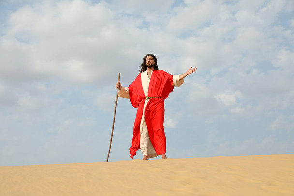 Jesus Christ walking with stick in desert - Foto, Imagen