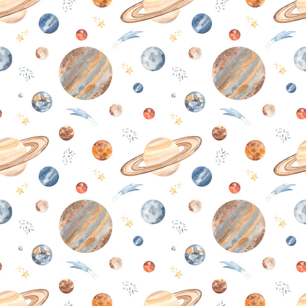 Planeten van het zonnestelsel kwik, mars, aarde, venus, jupiter, saturn, neptune, pluto, uranus op een witte achtergrond Aquarel naadloze patroon kosmos - Foto, afbeelding