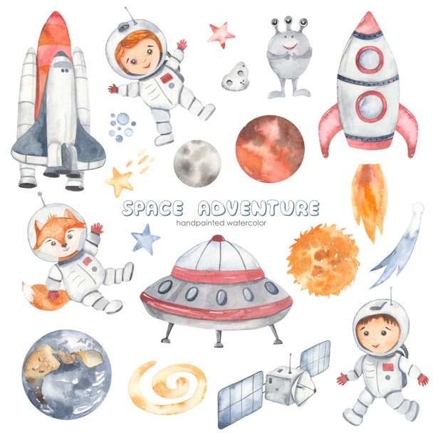 Space kaland bolygók a Naprendszer, kis űrhajósok, rakéta, repülő csészealj, idegen, shuttle, föld, csillagok Akvarell készlet  - Fotó, kép